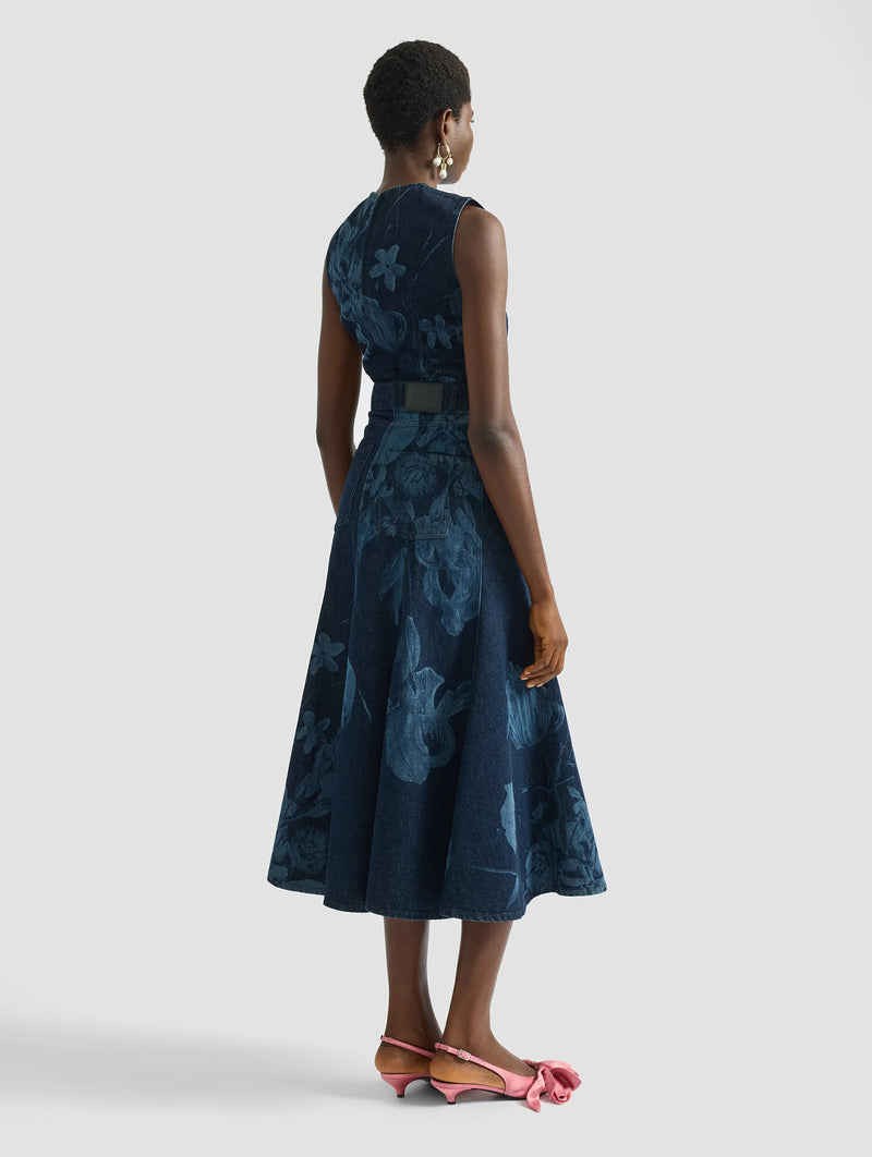 Sleeveless Fluted Midi Dress in Dutch Flower Painting Indigo