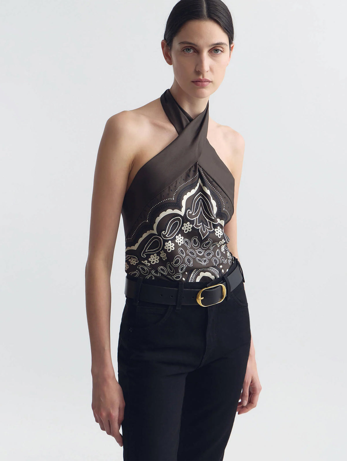 Solal Silk Halterneck Top in Brown Ivory Bandana Print