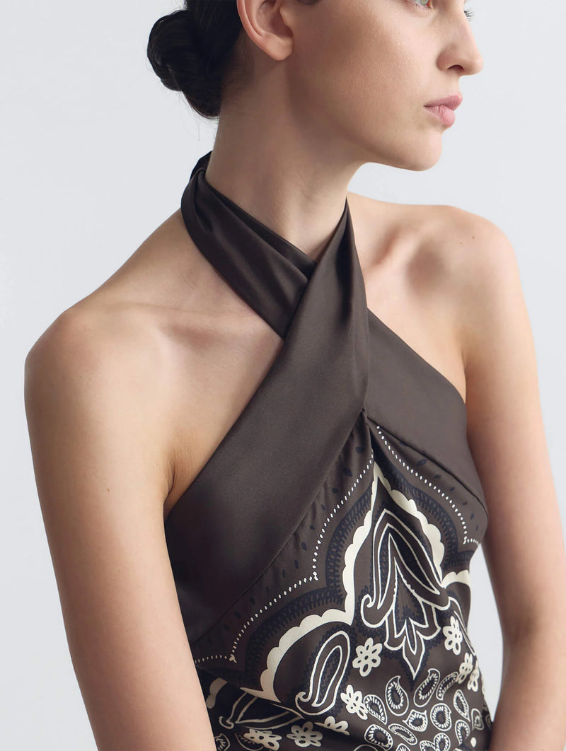 Solal Silk Halterneck Top in Brown Ivory Bandana Print