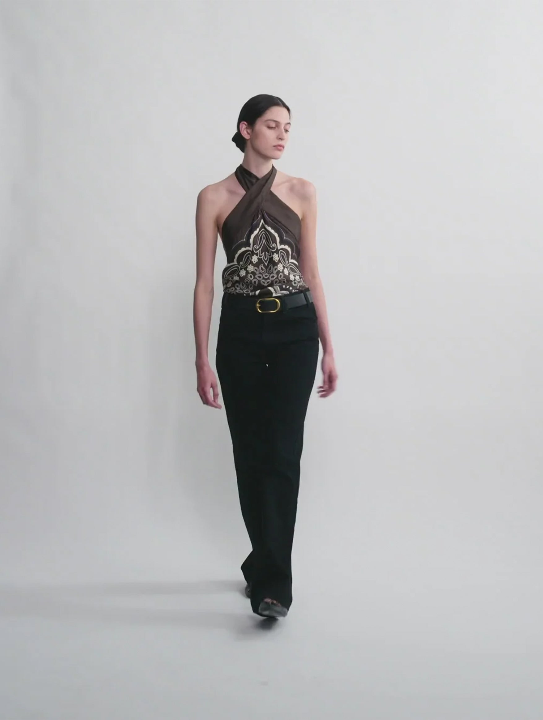 Solal Silk Halterneck Top in Brown Ivory Bandana Print