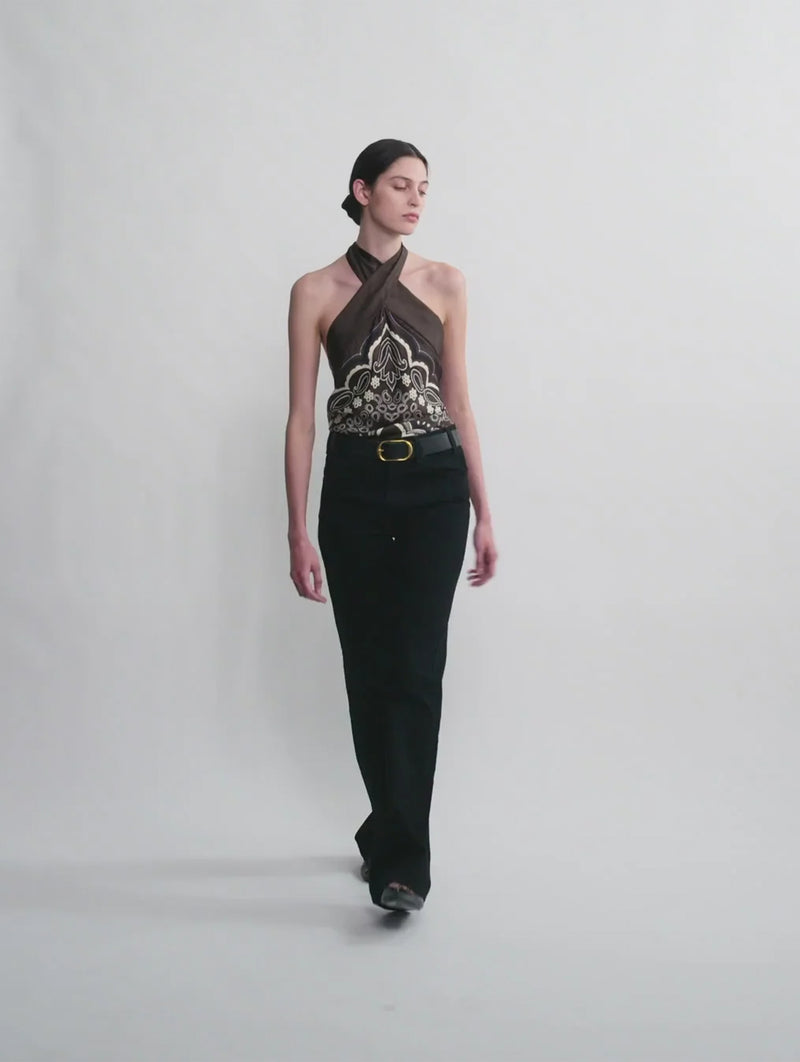 Solal Silk Halterneck Top in Brown Ivory Bandana Print