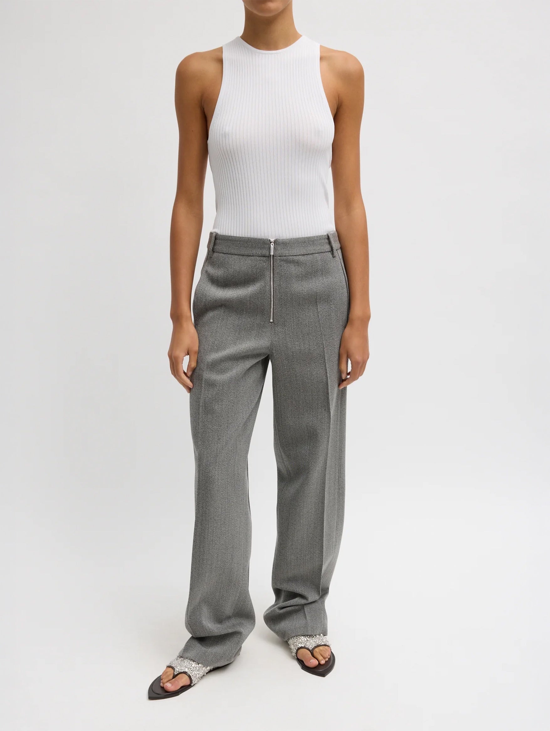 Structured Wool Zip Front Trouser in Grey Multi