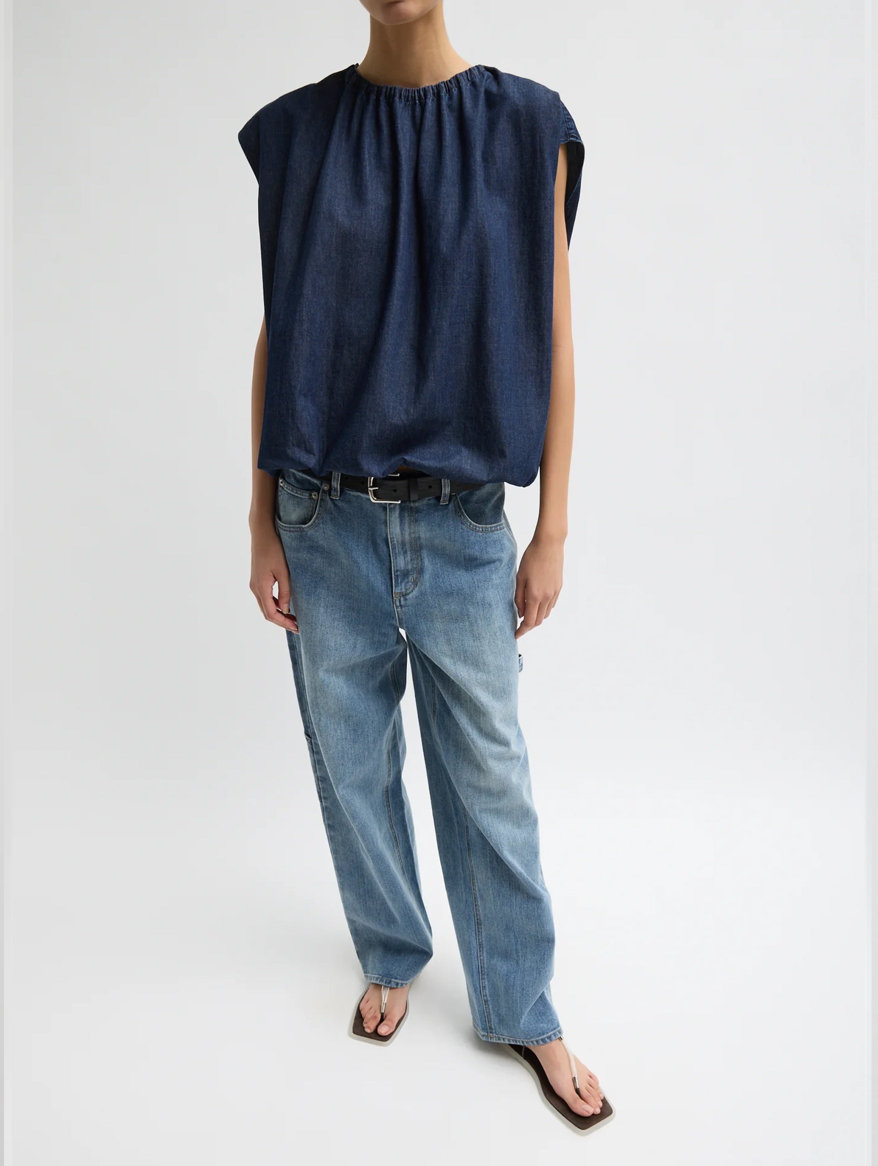 Summer Denim Shirred Neck Circular Top in Indigo