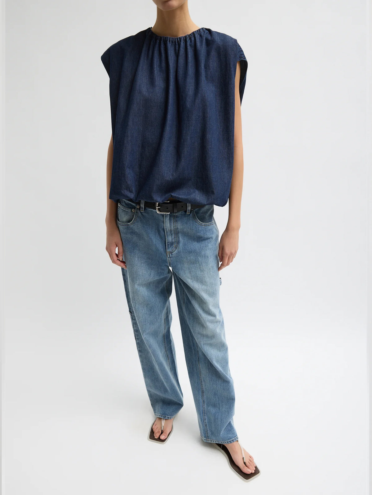 Summer Denim Shirred Neck Circular Top in Indigo