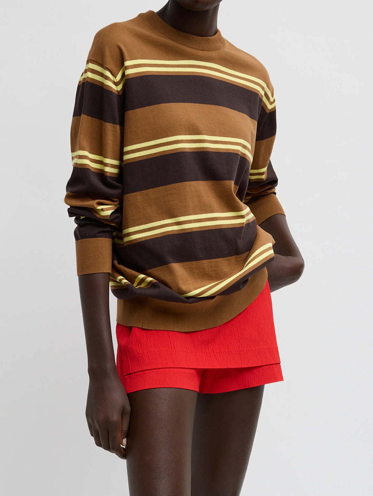 Super Fine Gauge Striped Perfect Crewneck Pullover in Brown Multi Stripe