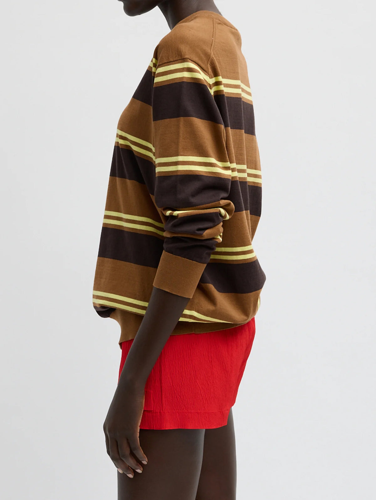 Super Fine Gauge Striped Perfect Crewneck Pullover in Brown Multi Stripe