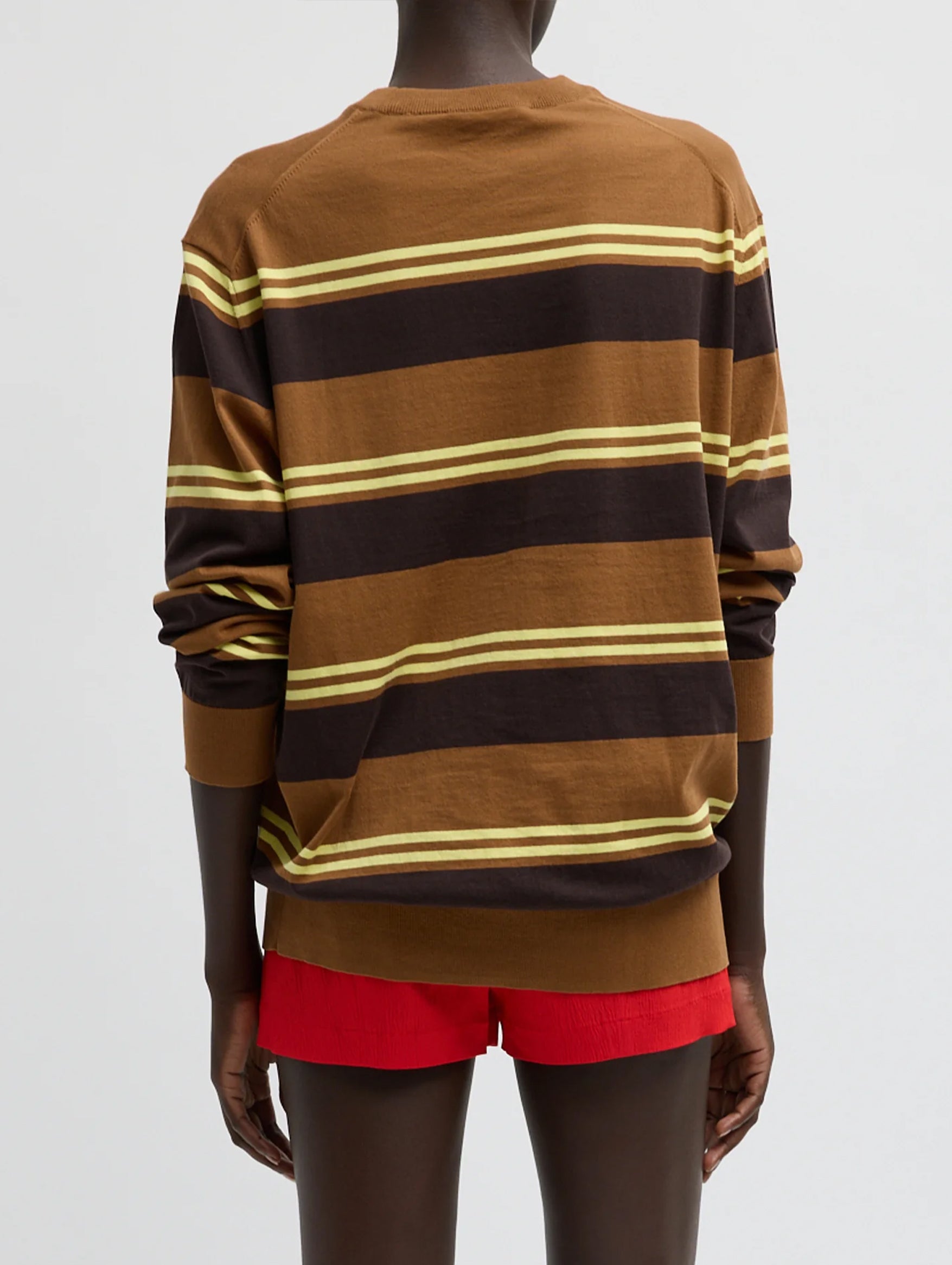 Super Fine Gauge Striped Perfect Crewneck Pullover in Brown Multi Stripe