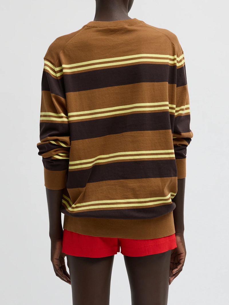 Super Fine Gauge Striped Perfect Crewneck Pullover in Brown Multi Stripe