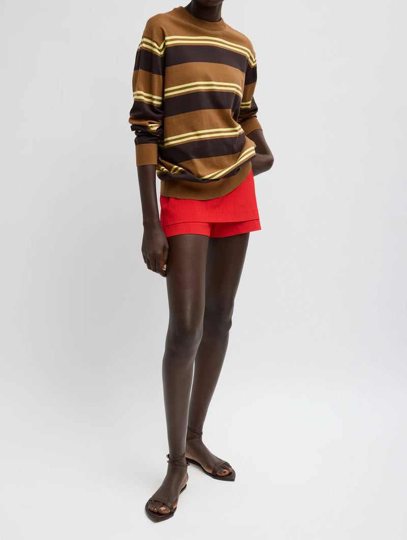 Super Fine Gauge Striped Perfect Crewneck Pullover in Brown Multi Stripe