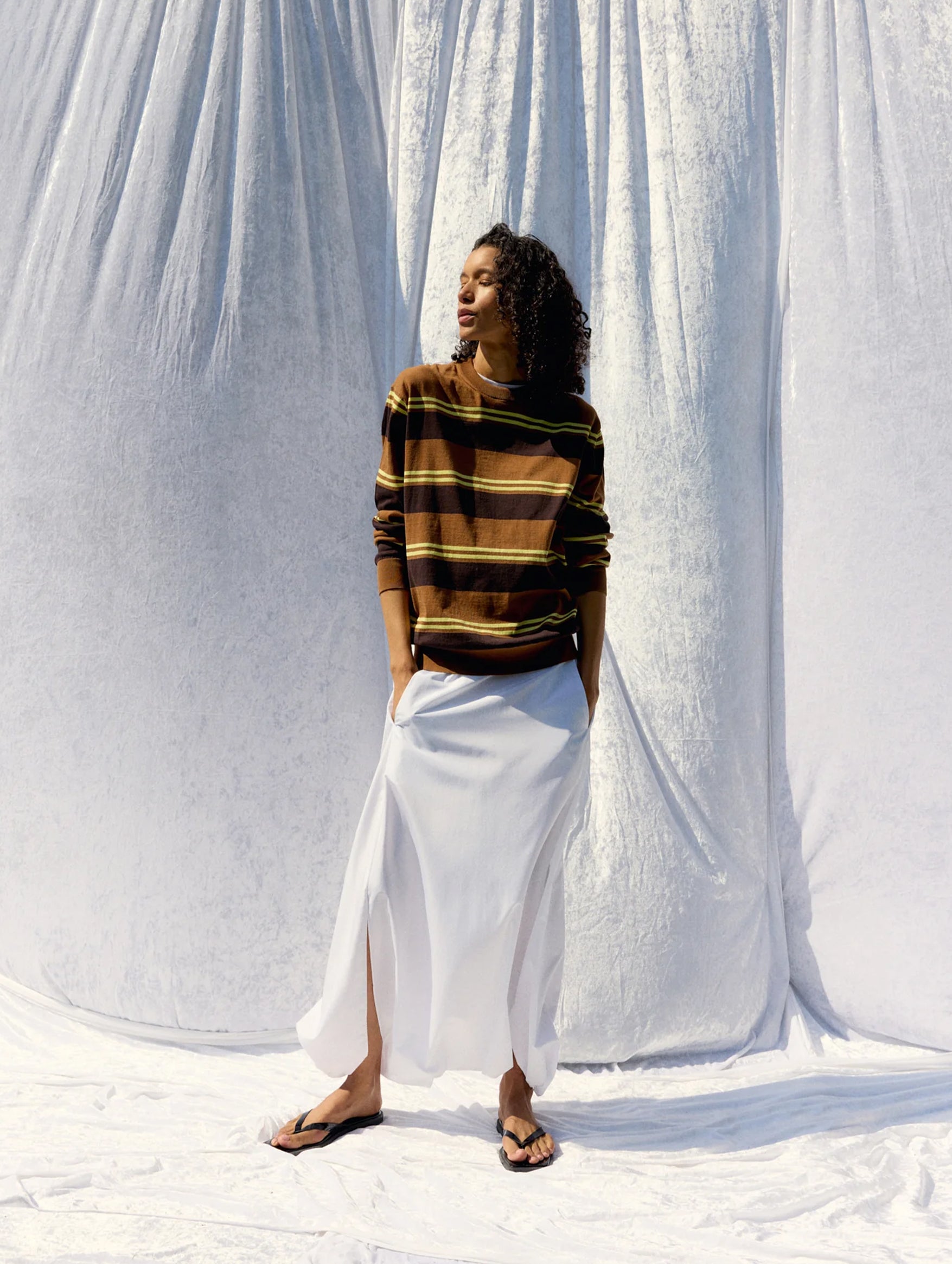Super Fine Gauge Striped Perfect Crewneck Pullover in Brown Multi Stripe