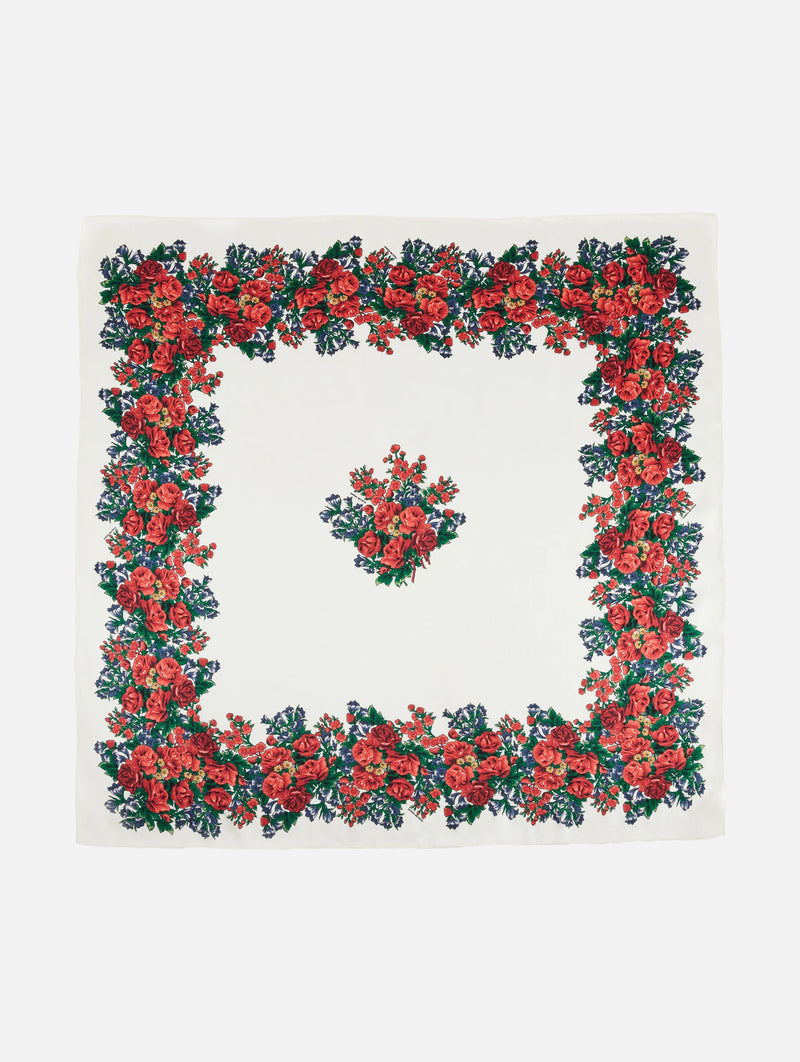 Folk Floral Print Silk Scarf in Cream