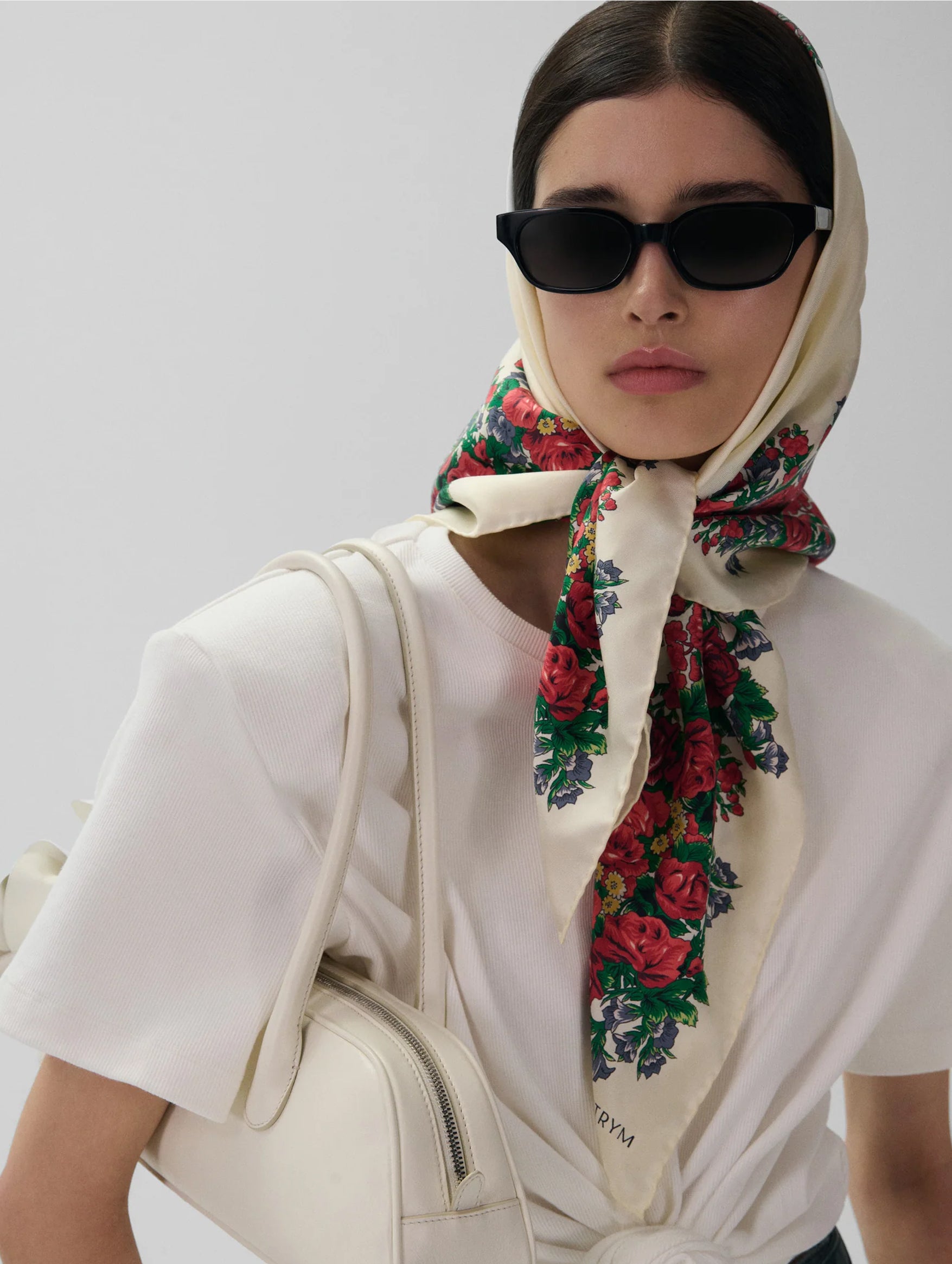 Folk Floral Print Silk Scarf in Cream