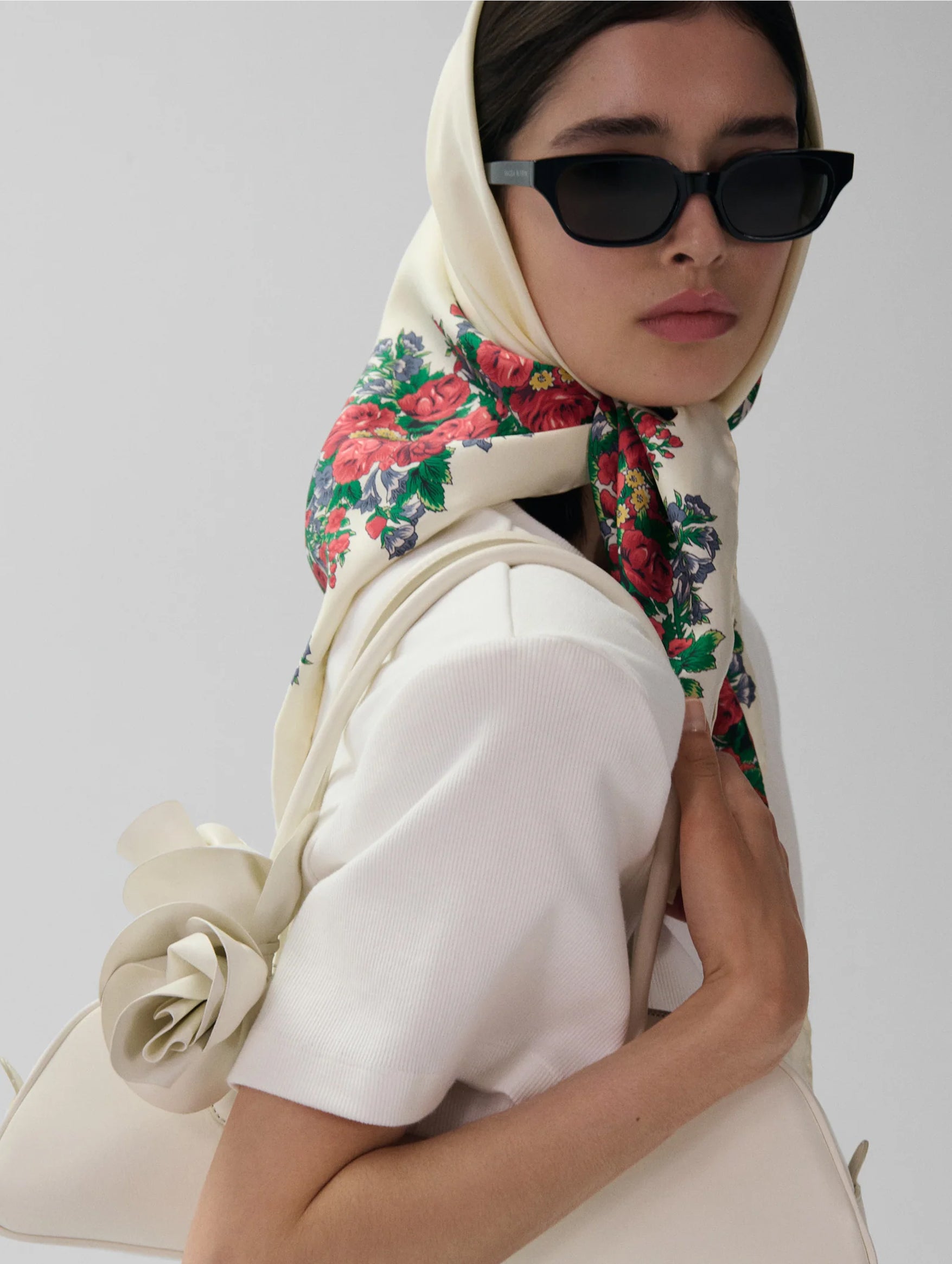 Folk Floral Print Silk Scarf in Cream