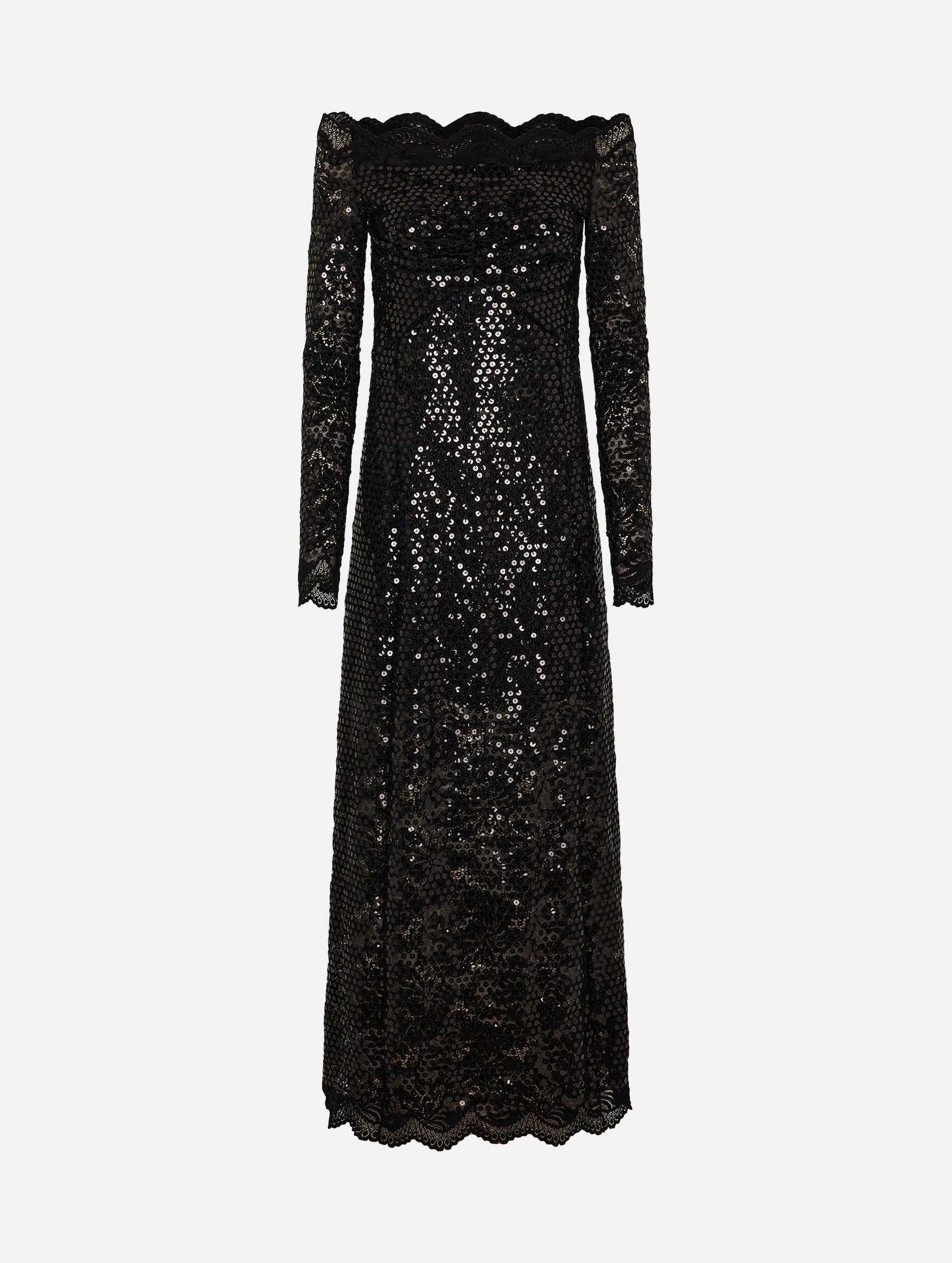 Off Shoulder Sequin Lace Dress in Black