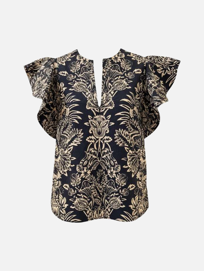 Severine Flutter Sleeve Top in Noir Flora