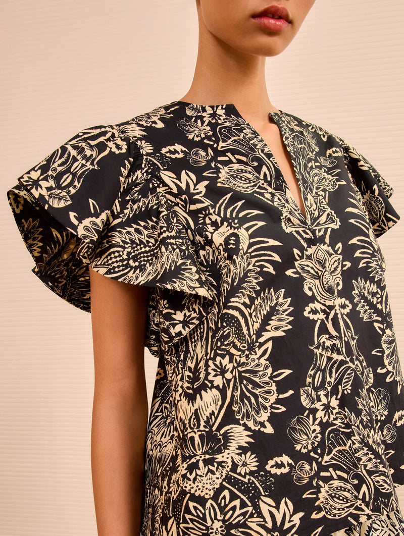 Severine Flutter Sleeve Top in Noir Flora