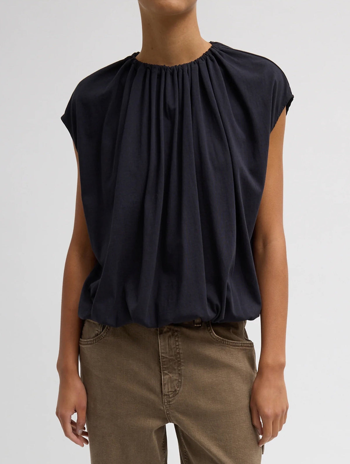 Shirred Neck Circular T-Shirt in Dark Navy