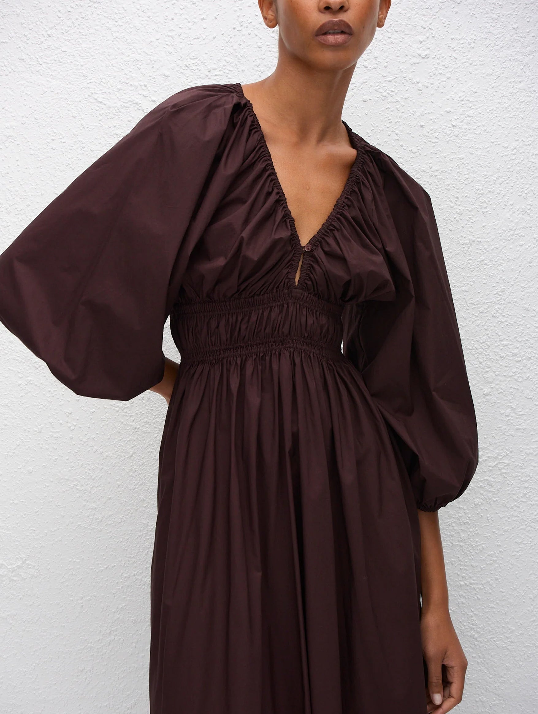 Shirred Plunge Button Dress in Aubergine