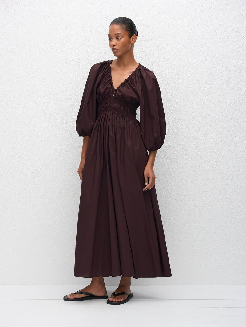 Shirred Plunge Button Dress in Aubergine