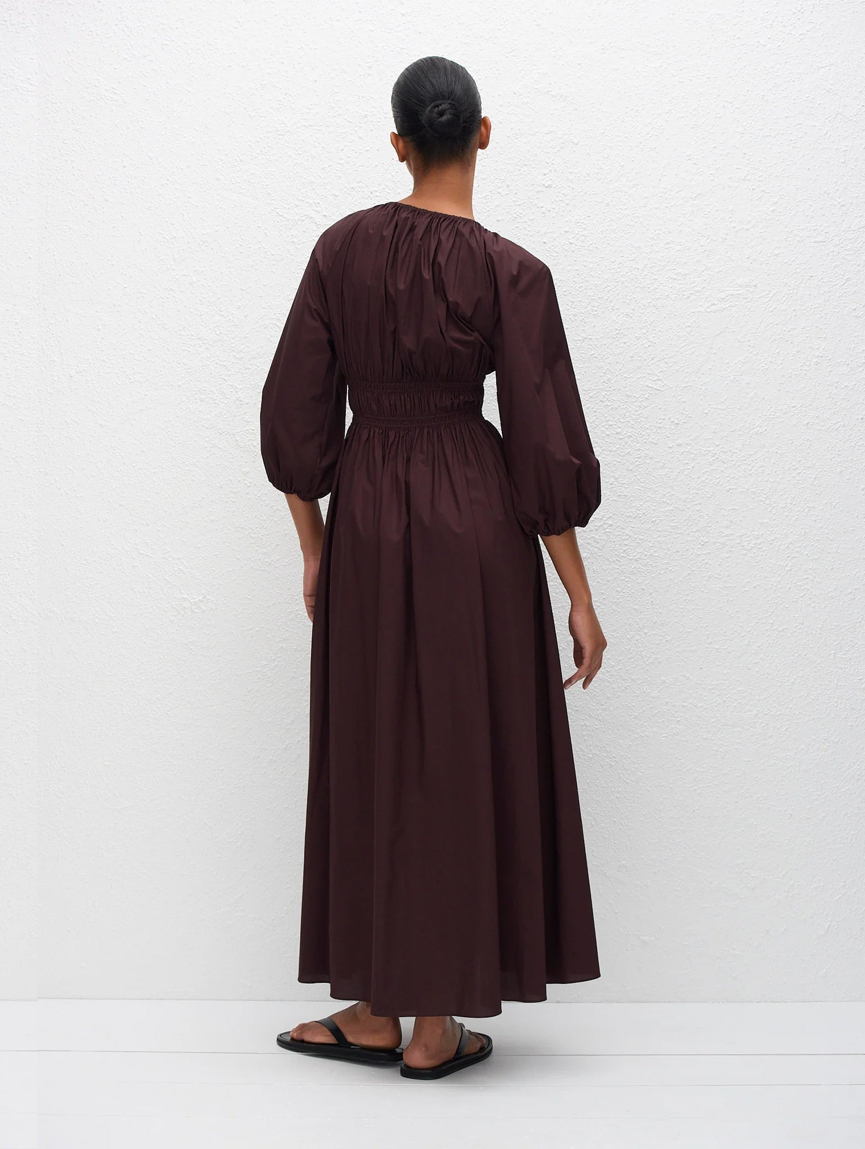 Shirred Plunge Button Dress in Aubergine
