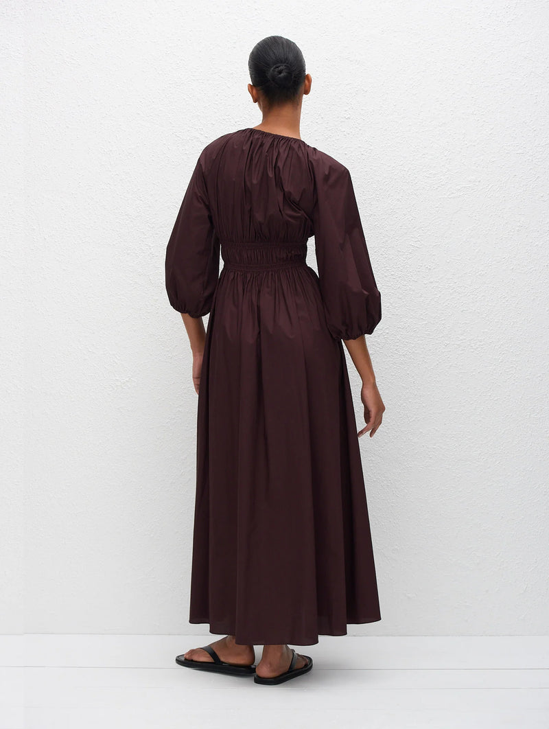 Shirred Plunge Button Dress in Aubergine