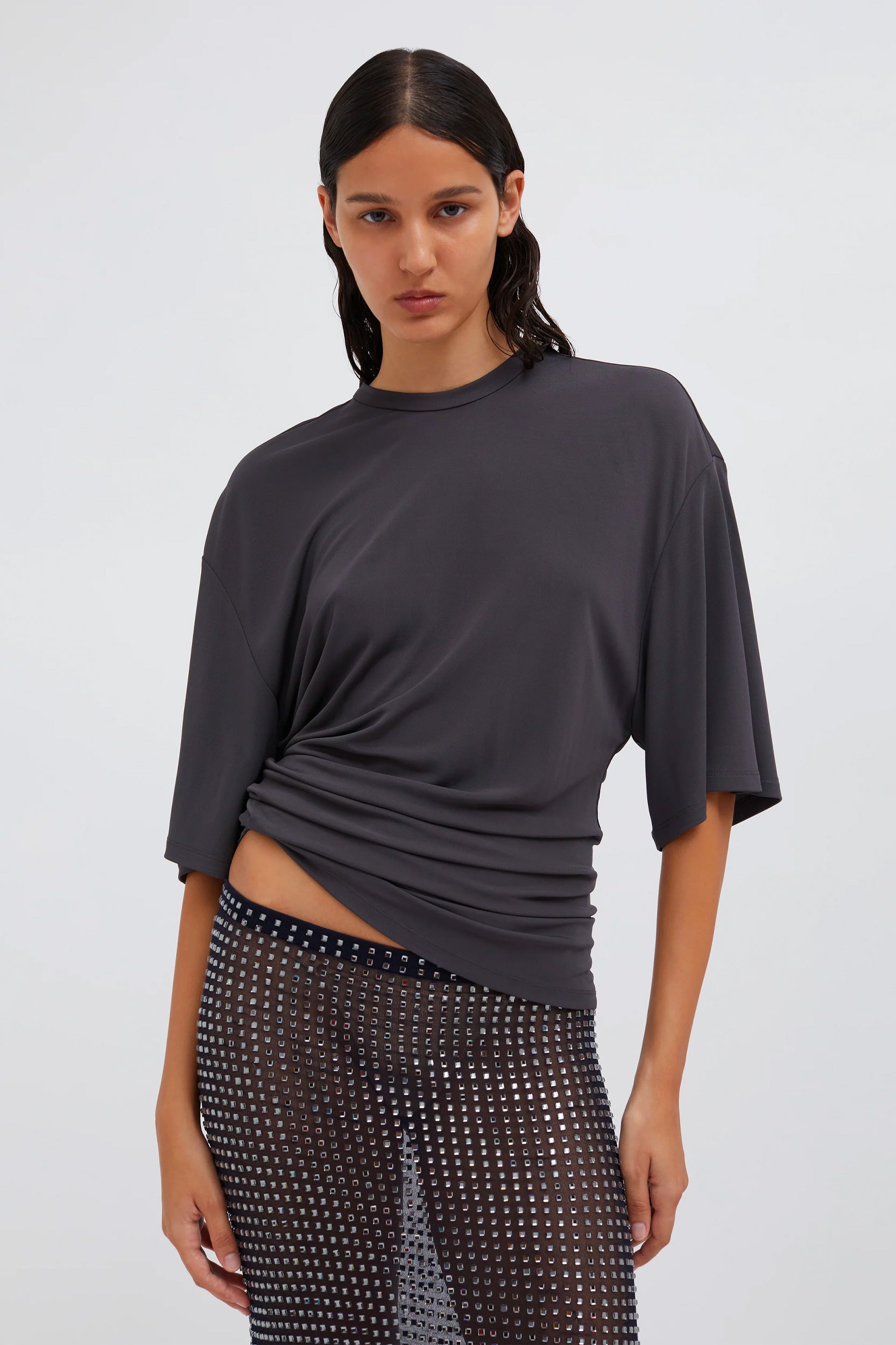 Side Cowl Waist Tee in Charcoal