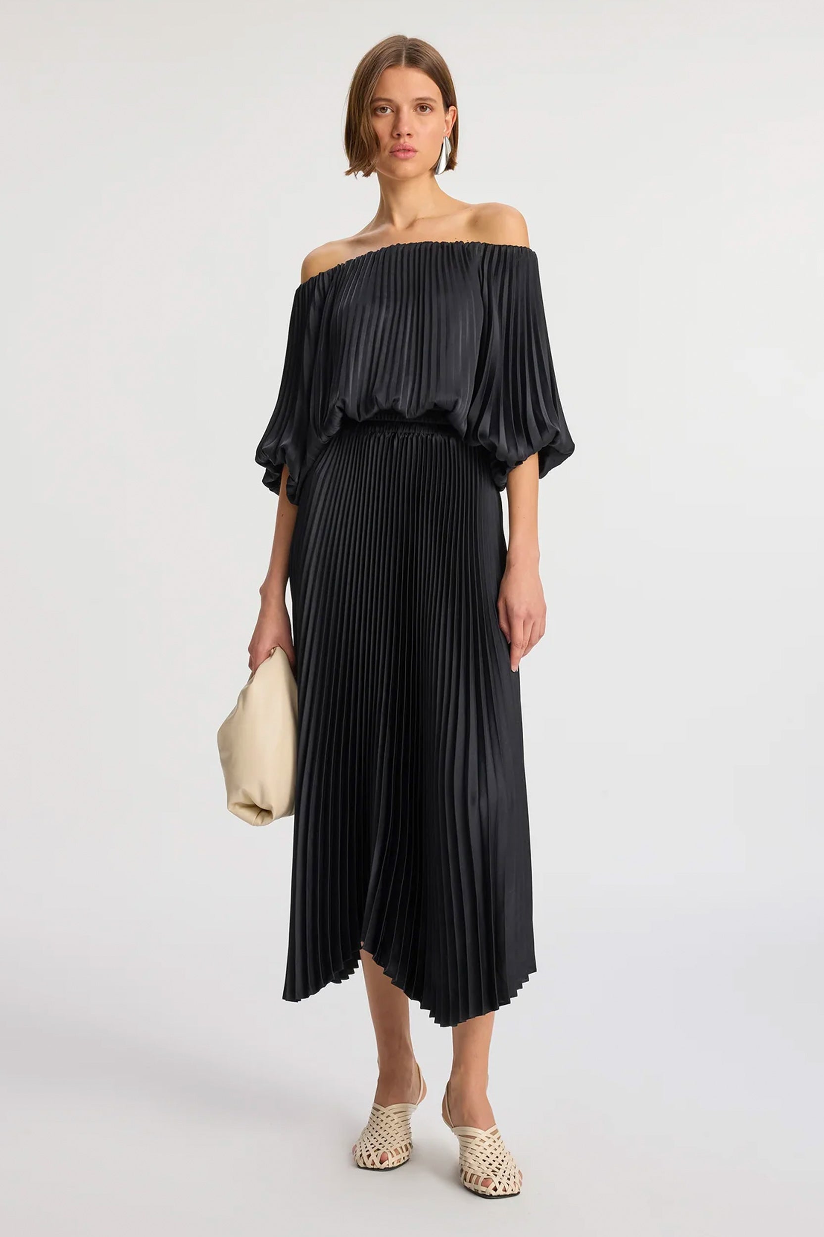 Sienna Satin Pleated Off Shoulder Dress