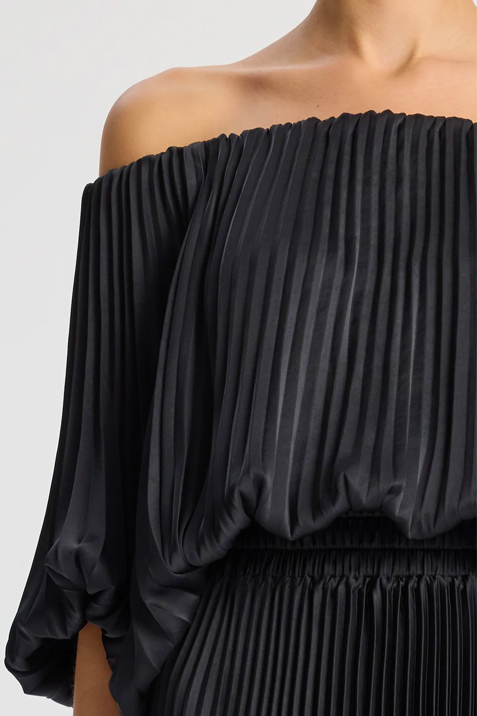 Sienna Satin Pleated Off Shoulder Dress