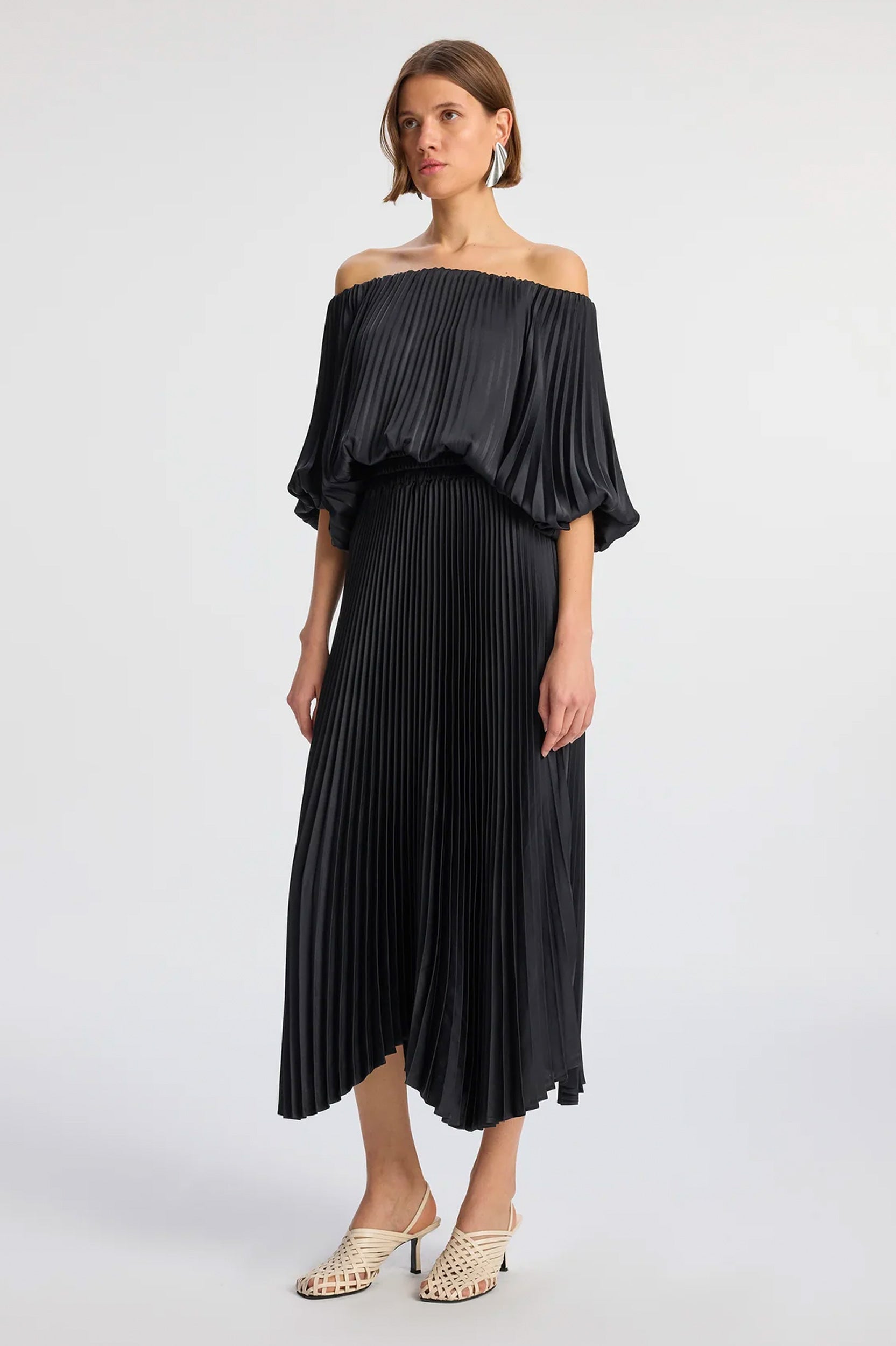 Sienna Satin Pleated Off Shoulder Dress