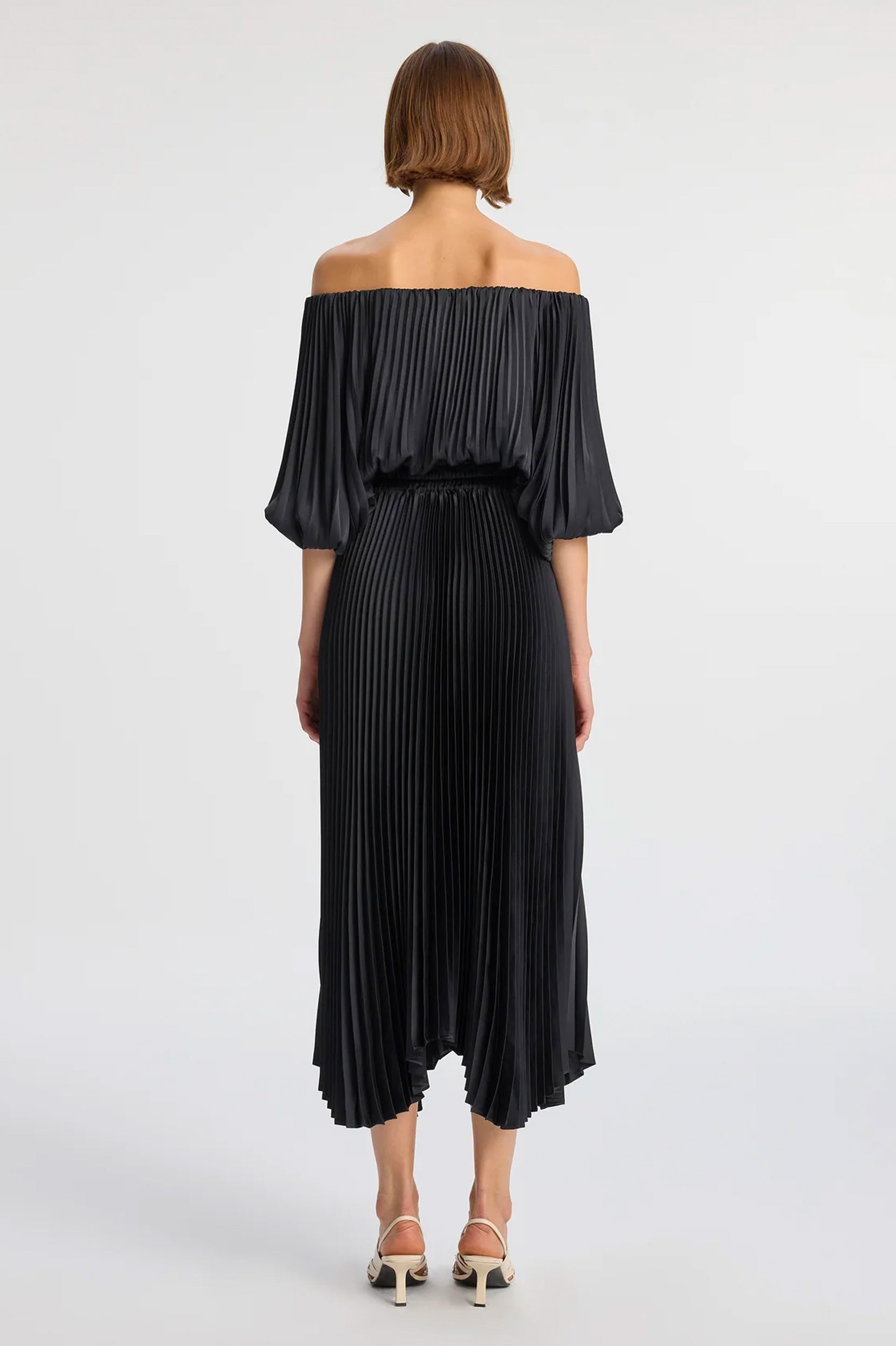 Sienna Satin Pleated Off Shoulder Dress