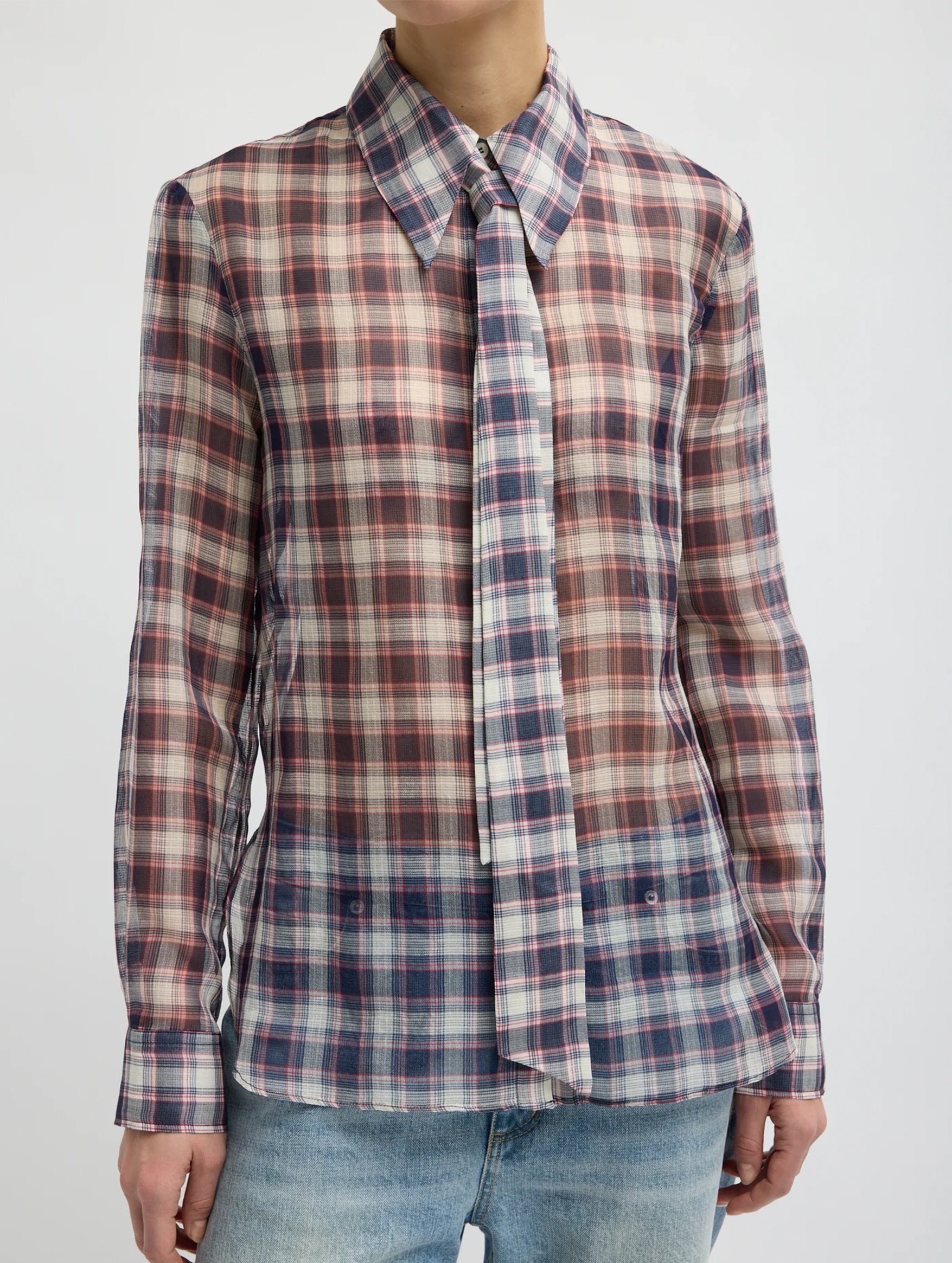 Silk Cotton Plaid Blouse with Removable Tie in Black/Red Multi