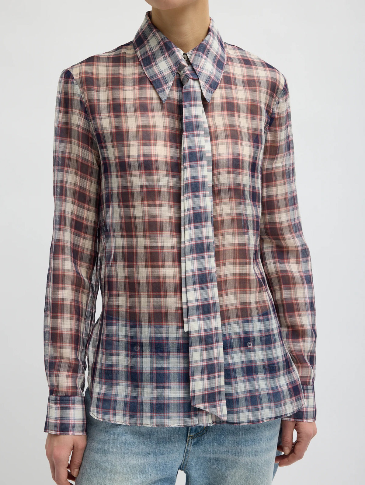 Silk Cotton Plaid Blouse with Removable Tie in Black/Red Multi