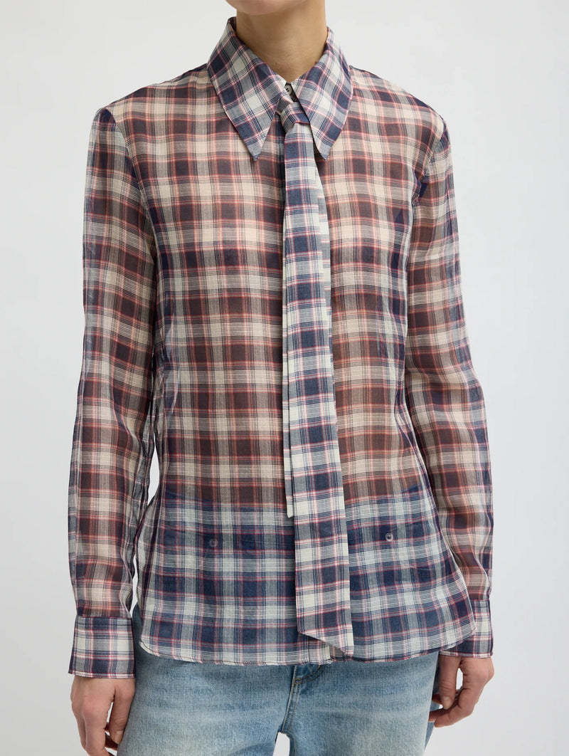 Silk Cotton Plaid Blouse with Removable Tie in Black/Red Multi
