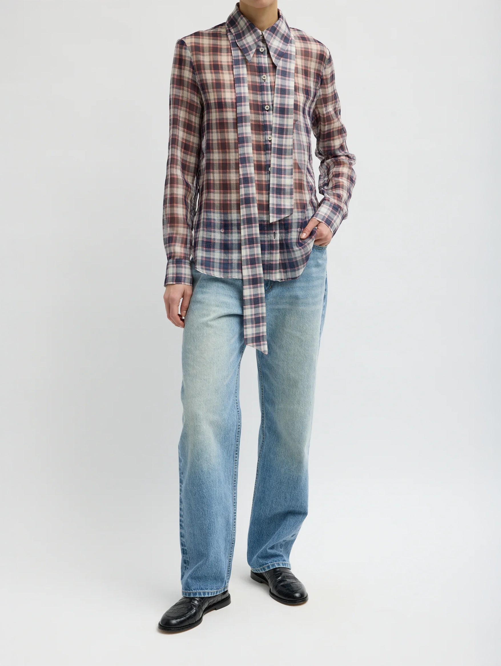Silk Cotton Plaid Blouse with Removable Tie in Black/Red Multi