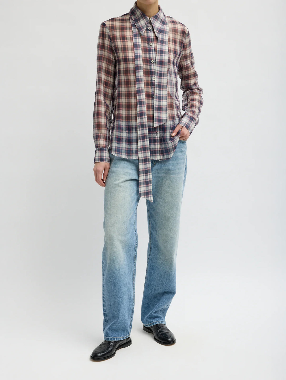Silk Cotton Plaid Blouse with Removable Tie in Black/Red Multi