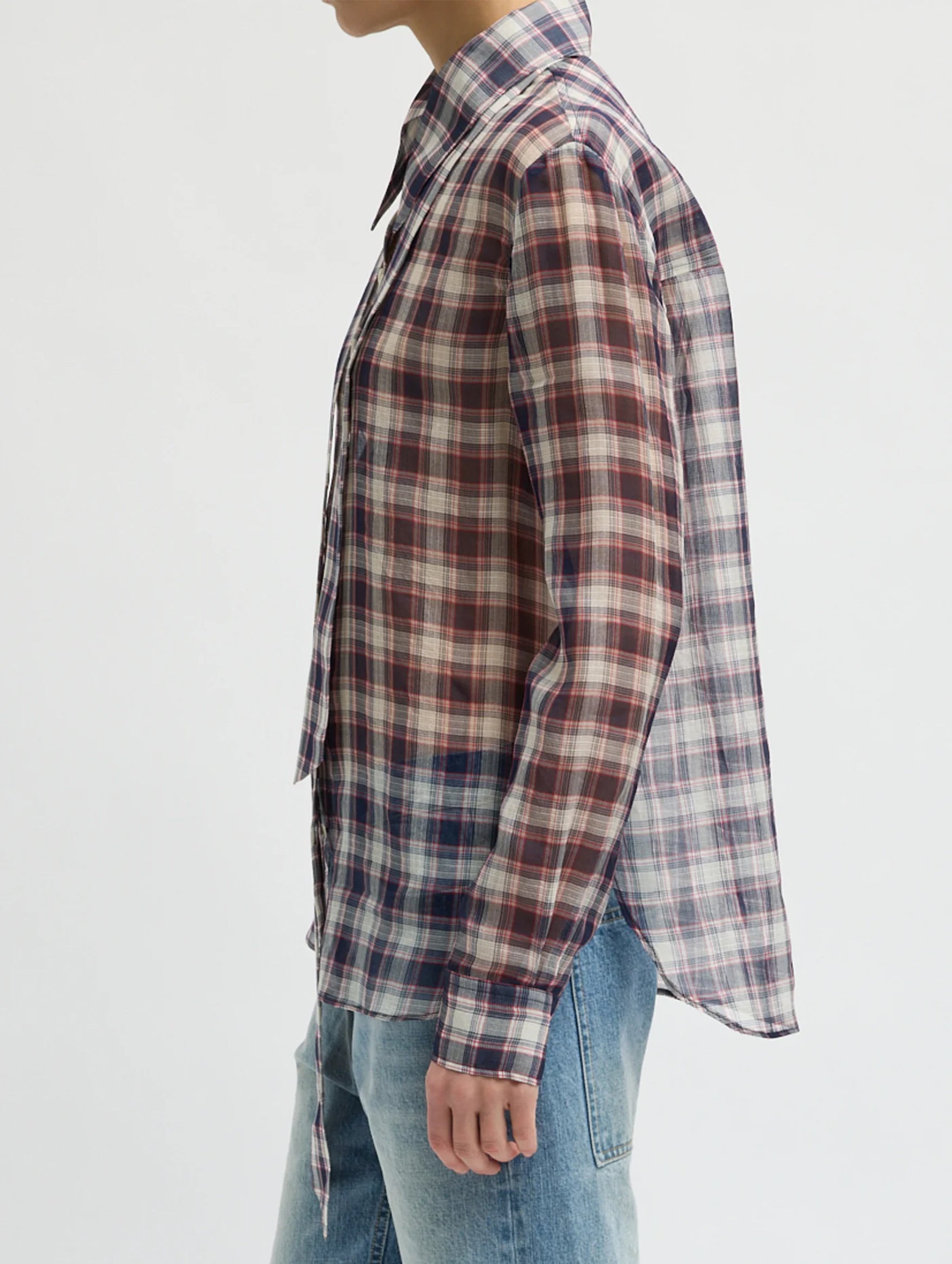 Silk Cotton Plaid Blouse with Removable Tie in Black/Red Multi