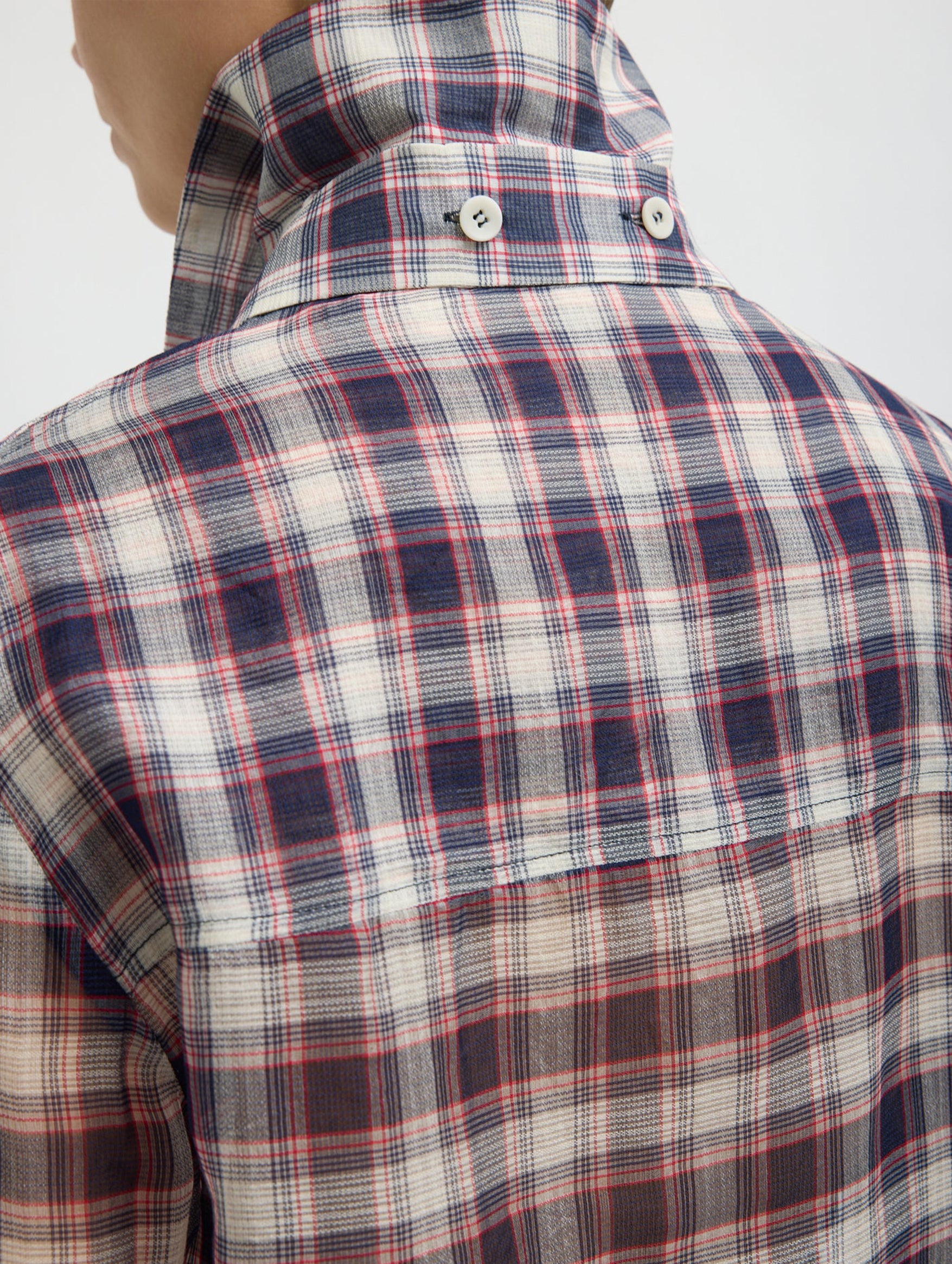 Silk Cotton Plaid Blouse with Removable Tie in Black/Red Multi