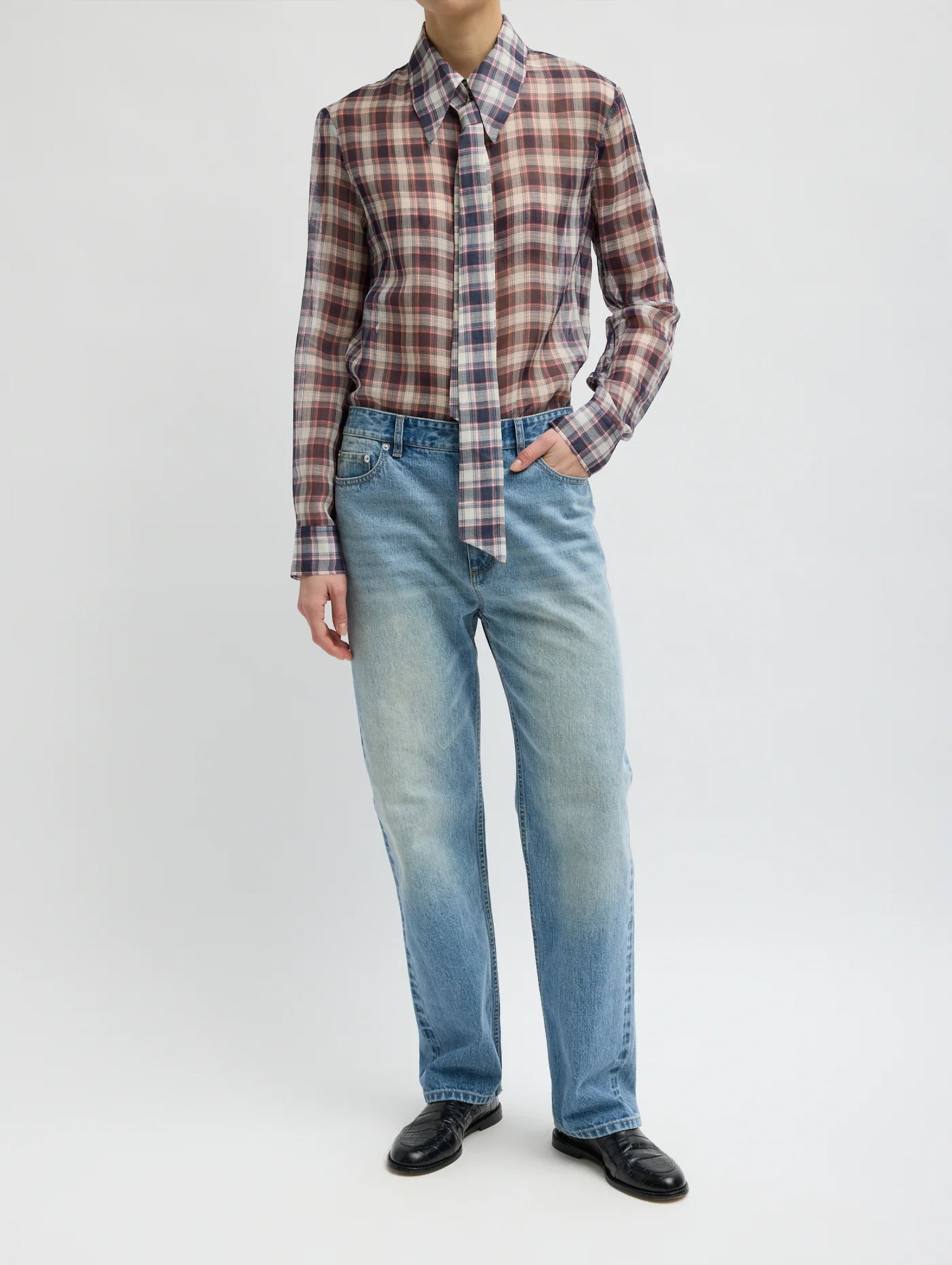 Silk Cotton Plaid Blouse with Removable Tie in Black/Red Multi