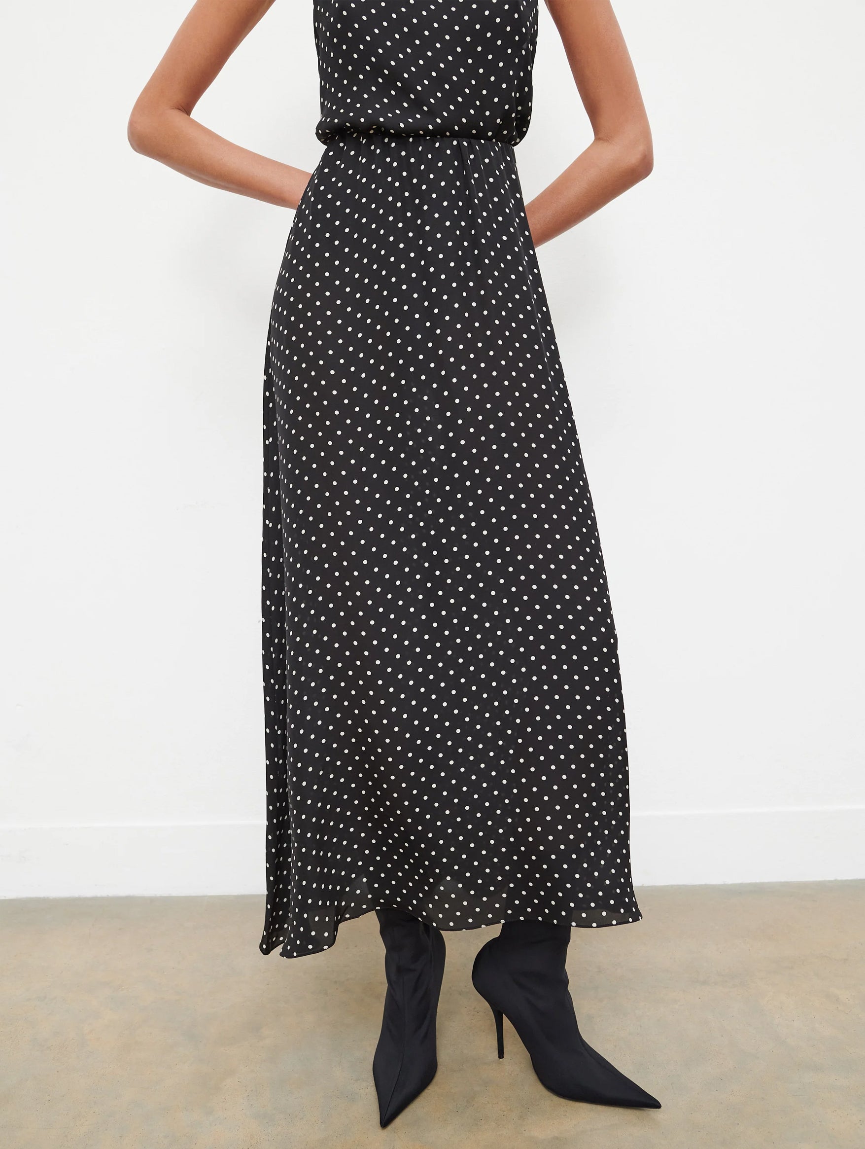 Silk Flared Skirt in Black Polka Dot