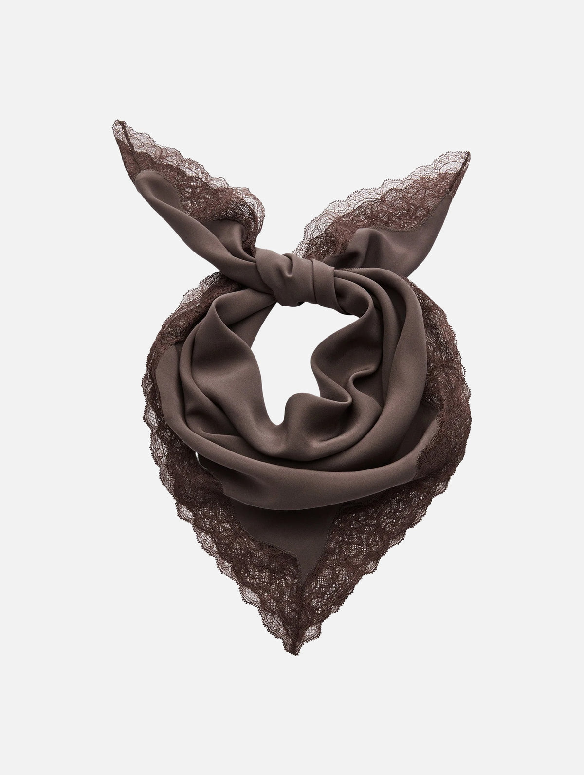 Silk Square Scarf With Lace Trim in Brown