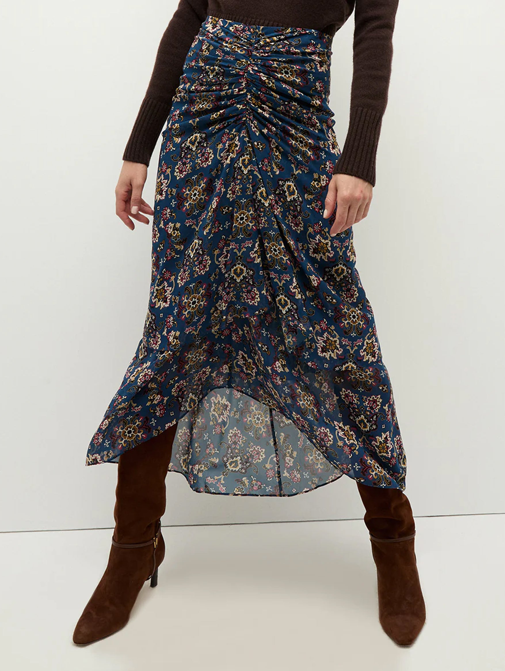 Sira Ruched Silk Skirt in Blue Stone