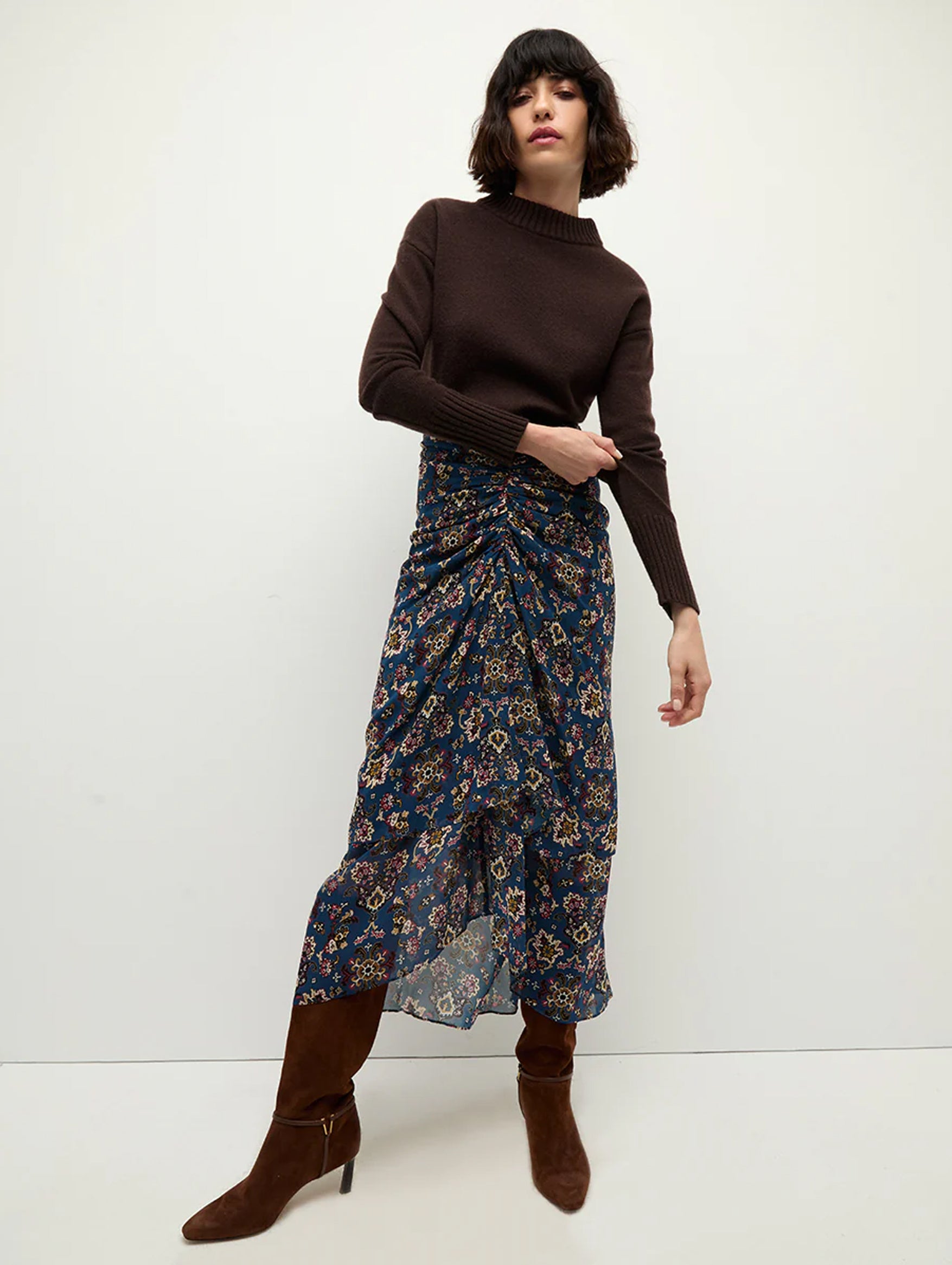 Sira Ruched Silk Skirt in Blue Stone