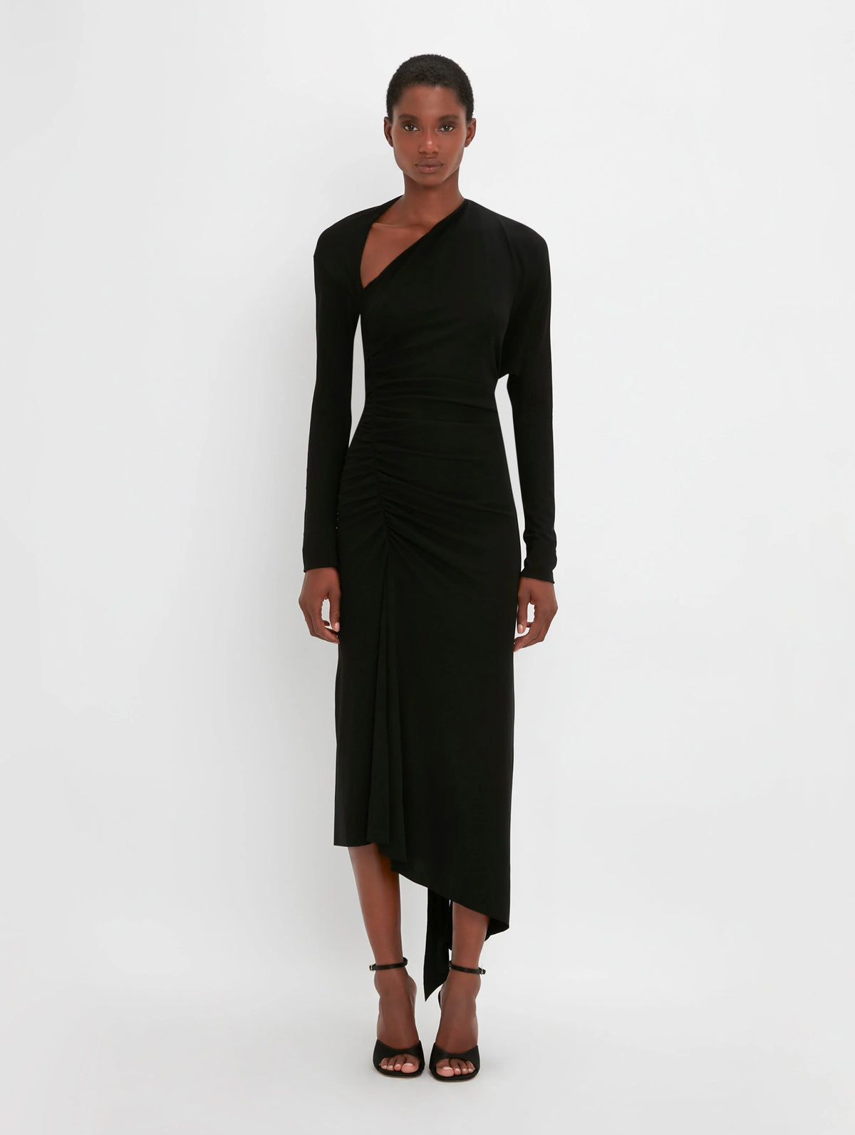 Long Sleeve Slash Neck Jersey Gown in Black