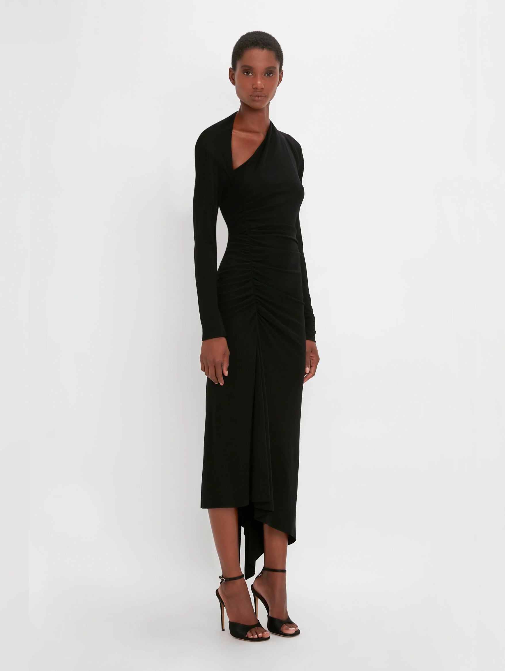 Long Sleeve Slash Neck Jersey Gown in Black