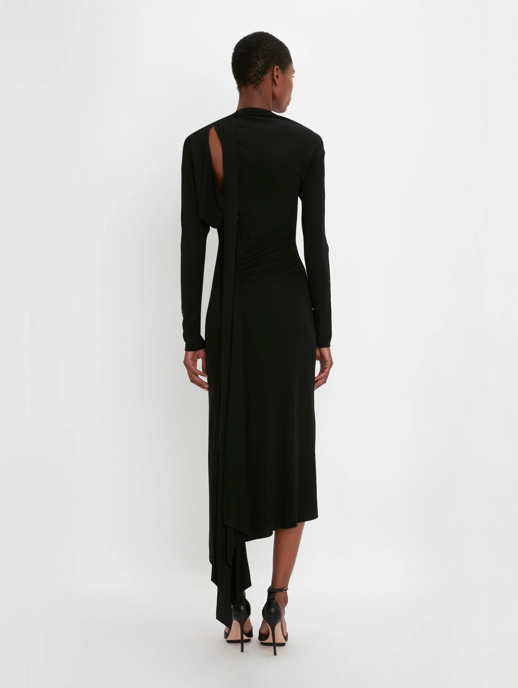 Long Sleeve Slash Neck Jersey Gown in Black