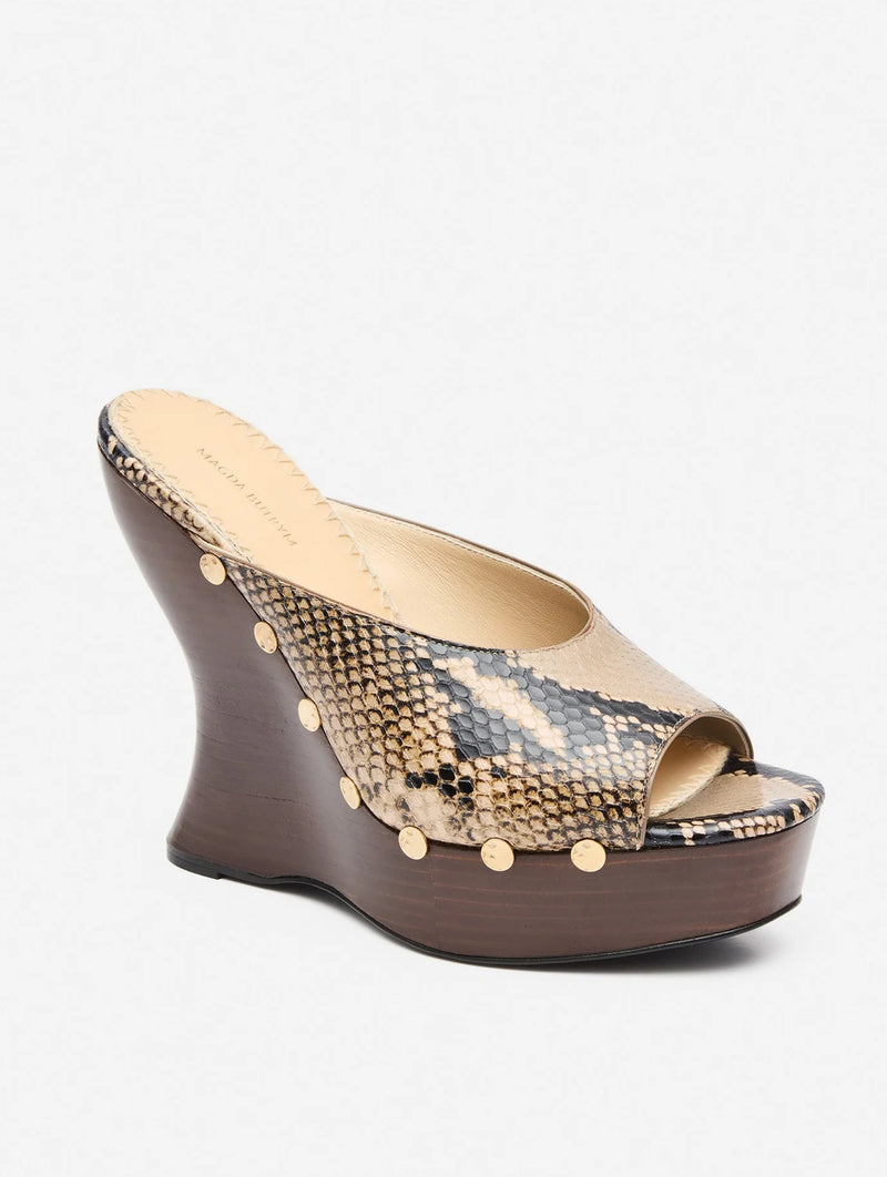 Snake-embossed Wedge Mules in Brown