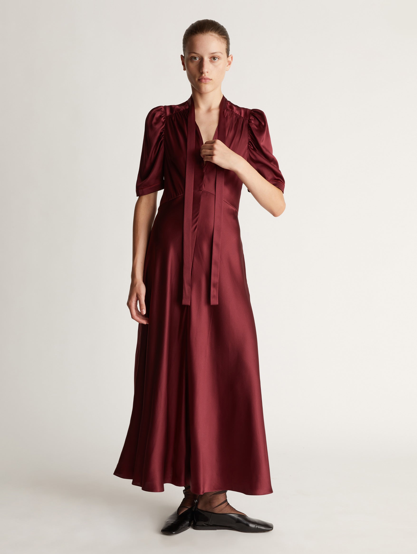 Stella Silk Tie Neck Dress in Rouge