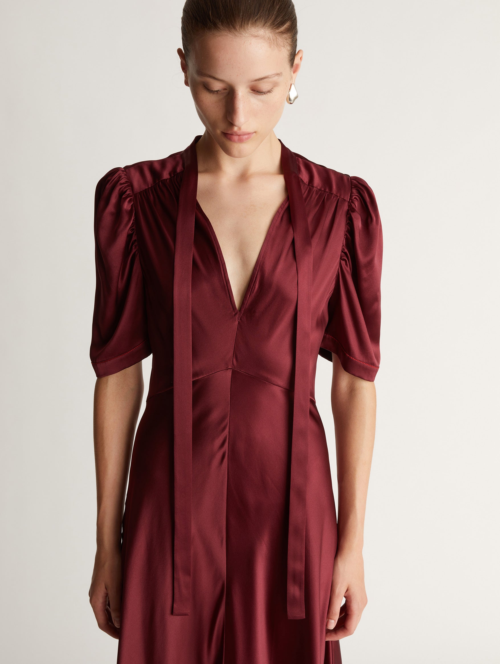 Stella Silk Tie Neck Dress in Rouge