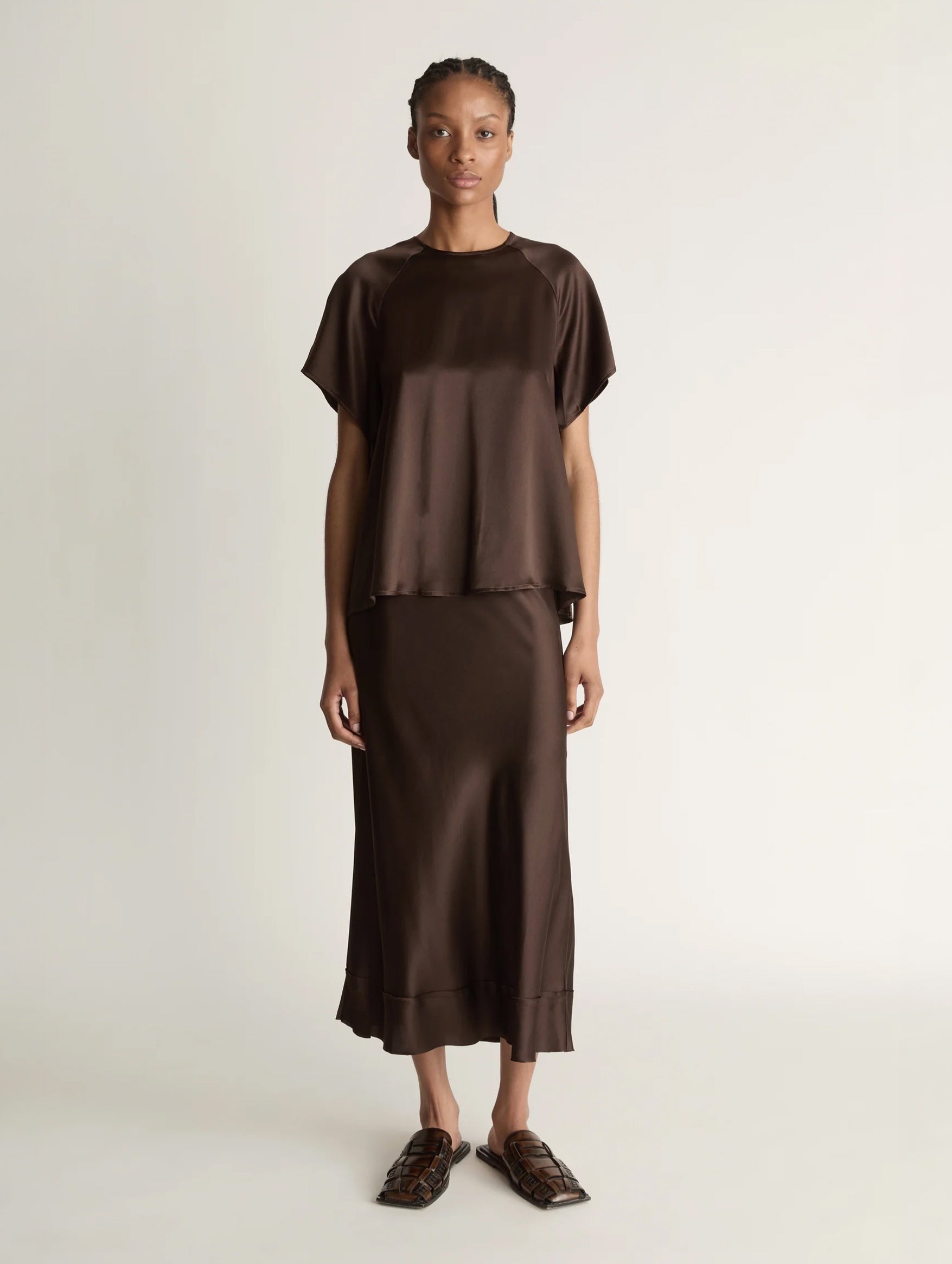 Stella Silk Satin Skirt in Chocolate