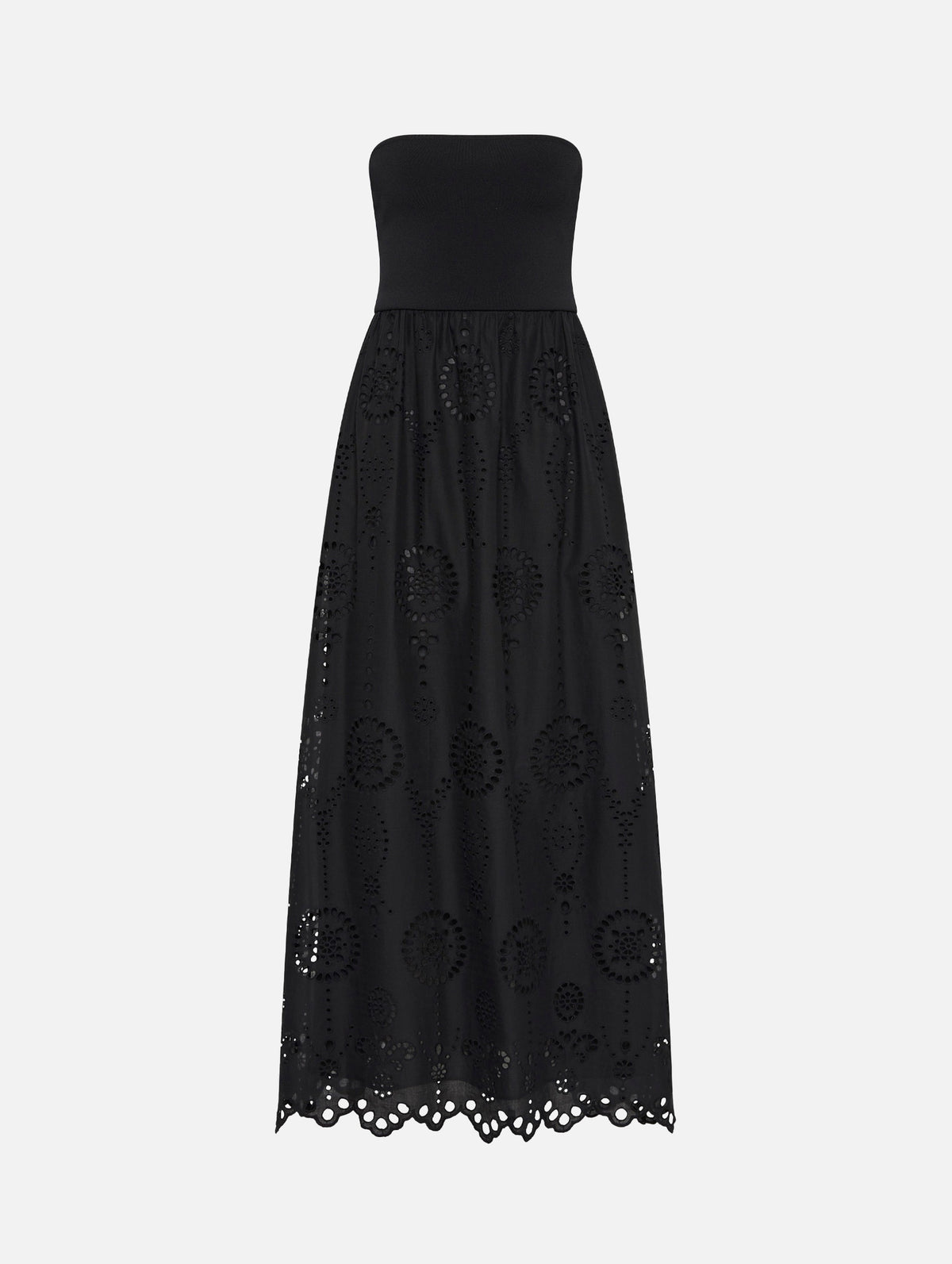 Strapless Knit and Broderie Dress in Black